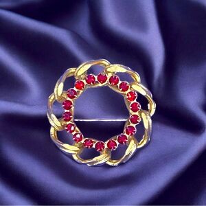 Vintage Gold Plated  Garnet Rhinestone Circle Brooch Pin